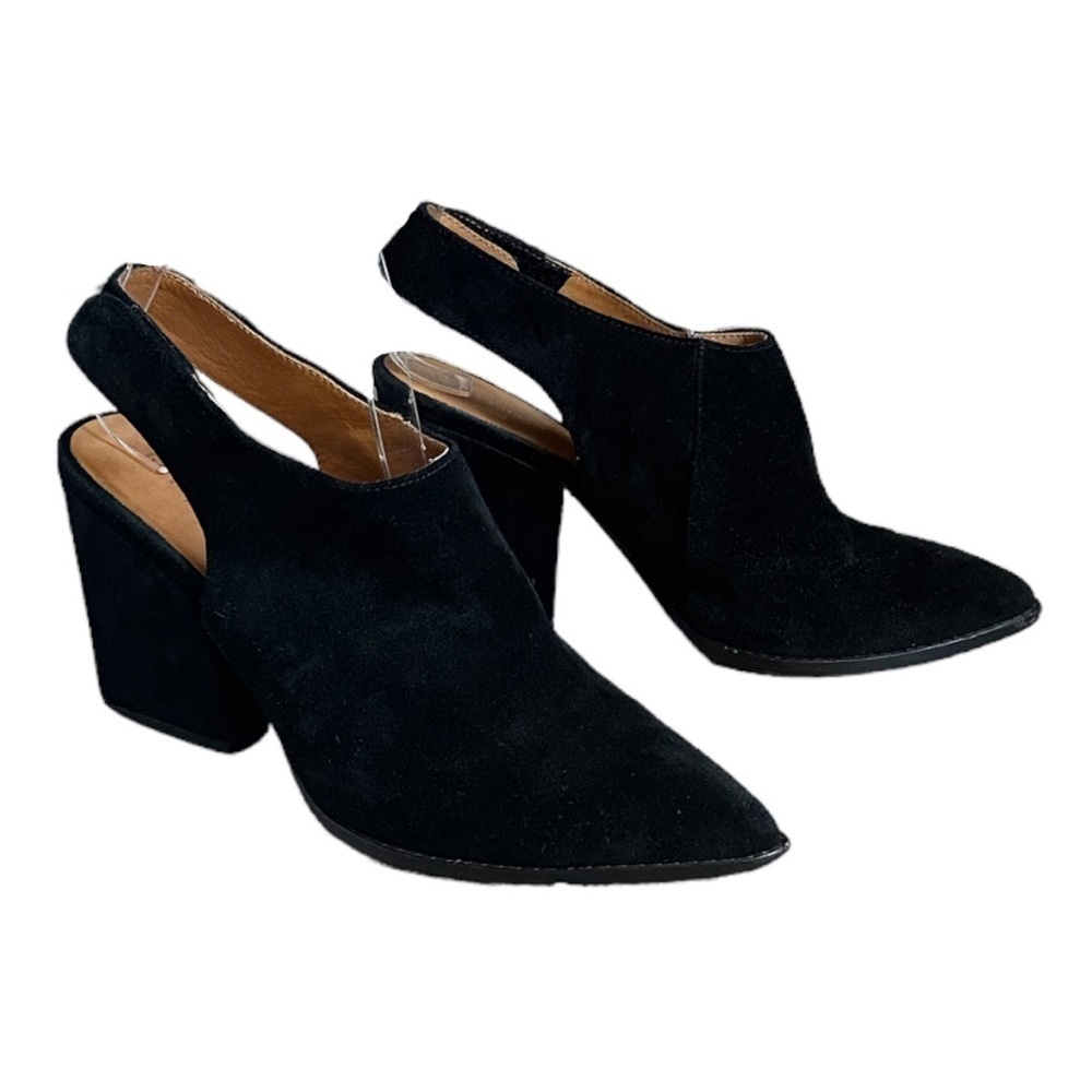 Bettye Muller Black Suede Slingback Booties 8.5 Point Toe Block Heel Vero Cuoio